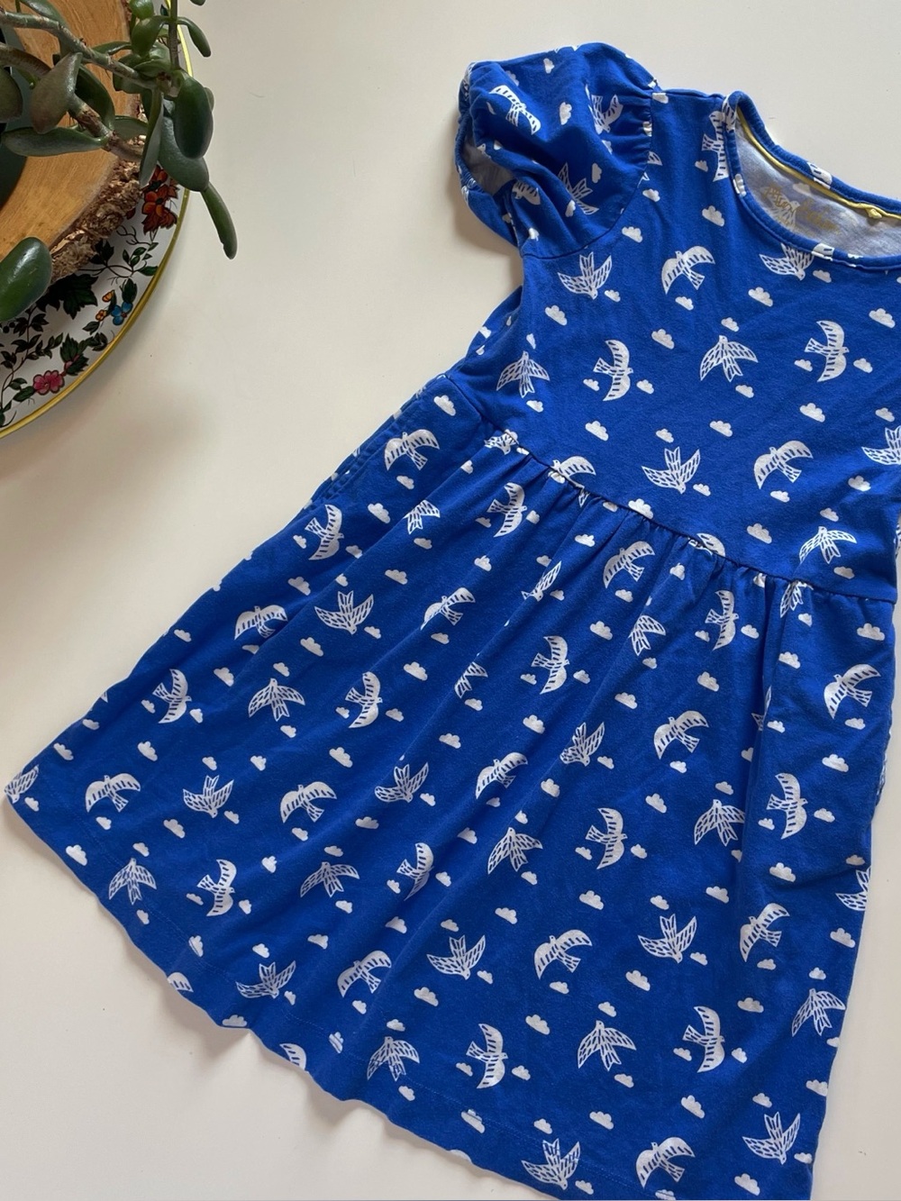 Mini Boden Puff Sleeve Blue Bird Dress | Size 6-7